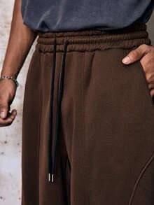 Skyrend Men's Casual Loose Sweatpants Spring/Autumn Standard Size Brown Elastic Waist Plain With Line & Pleated Design, Pocket, Sports, Streetwear Grunge - Brown - View 6