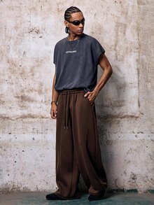Skyrend Men's Casual Loose Sweatpants Spring/Autumn Standard Size Brown Elastic Waist Plain With Line & Pleated Design, Pocket, Sports, Streetwear Grunge - Brown - View 5