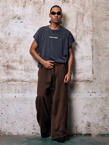 Skyrend Men's Casual Loose Sweatpants Spring/Autumn Standard Size Brown Elastic Waist Plain With Line & Pleated Design, Pocket, Sports, Streetwear Grunge - Brown - View 3