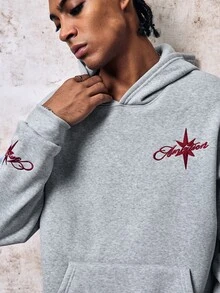 Skyrend 男士字母刺繡長袖口袋休閒連帽衫 秋季/秋冬/冬季 頹廢風萬聖節造型服 - 灰色 - 查看 8