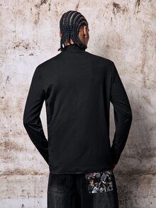Skyrend Men Turtleneck Long Sleeve Letter Print Minimalist T-Shirt, Casual Everyday Wear, For Going Out, For Husband, For Fall Grunge - Black - View 2
