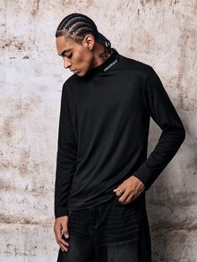 Skyrend Men Turtleneck Long Sleeve Letter Print Minimalist T-Shirt, Casual Everyday Wear, For Going Out, For Husband, For Fall Grunge - Black - View 1