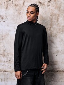 Skyrend Men Turtleneck Long Sleeve Letter Print Minimalist T-Shirt, Casual Everyday Wear, For Going Out, For Husband, For Fall Grunge - Black - View 5