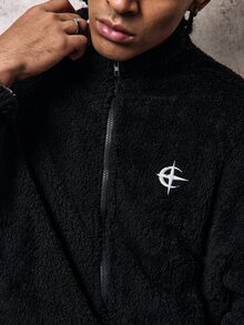 Skyrend 男士休閒刺繡抓絨夾克，秋冬款，Y2K夾克，十字夾克，字母男士夾克，Grunge風格秋冬夾克 - 黑色 - 查看 7
