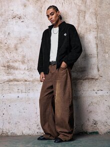Skyrend 男士休閒刺繡抓絨夾克，秋冬款，Y2K夾克，十字夾克，字母男士夾克，Grunge風格秋冬夾克 - 黑色 - 查看 3
