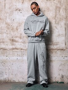Skyrend 男士淺灰色街頭風秋季度假返校「Freedom」刺繡連帽衛衣與運動長褲套裝，拉鍊下擺運動服套裝，Grunge風格 - 淺灰色 - 查看 4