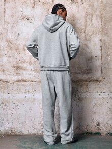 Skyrend 男士淺灰色街頭風秋季度假返校「Freedom」刺繡連帽衛衣與運動長褲套裝，拉鍊下擺運動服套裝，Grunge風格 - 淺灰色 - 查看 2
