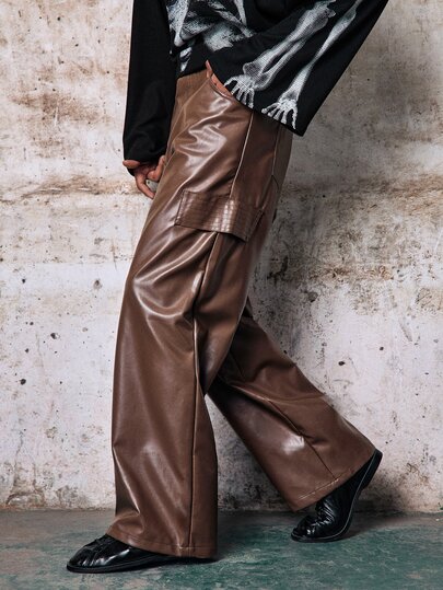 Skyrend Men's PU Leather Pants, Loose Versatile Trousers, Men Loose Straight Leg Casual Brown Baggy Cargo Pants, Fall Winter Wide Leg Grunge