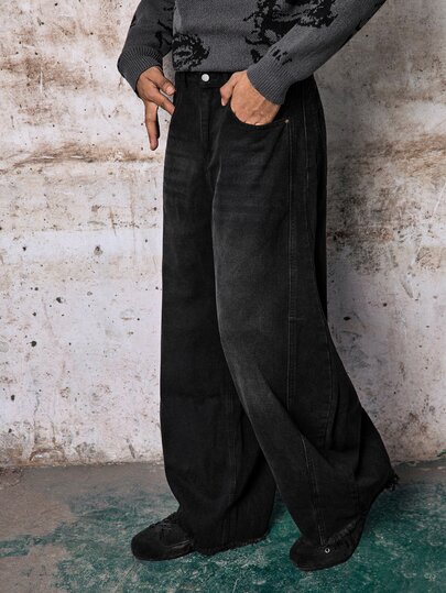 Skyrend 1pc Japanese Street Style Patchwork Raw Hem Men's Loose Curved Leg Wide Leg Casual College Style All Season Denim Jeans Comfortable Versatile Long Pants - No Belt And Accessories Fall/Autumn/Winter Grunge