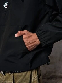 Skyrend 男士黑白刺繡連帽衛衣，秋季街頭風度假寬鬆圖案半拉鍊雙層帽兜，彈性抽繩下擺百搭運動款，秋冬/冬季Grunge風格 - 烏木 - 查看 8