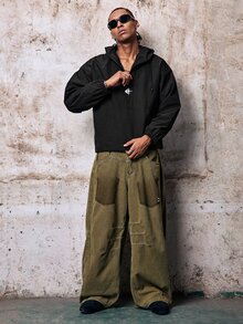 Skyrend 男士黑白刺繡連帽衛衣，秋季街頭風度假寬鬆圖案半拉鍊雙層帽兜，彈性抽繩下擺百搭運動款，秋冬/冬季Grunge風格 - 烏木 - 查看 3