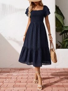 SHEIN Holidaya ManYin 夏季滿版印花掛脖荷葉邊長洋裝，度假海灘早午餐穿搭，女款海軍藍波點波希米亞浪漫風 - 藏蓝色 - 查看 10