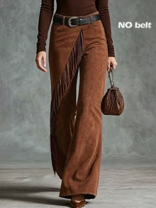 LUMIGAL Women's Vintage Rusty Brown Suede Flared Tassel Slim Fit Long Pants - Rust Brown - View 3