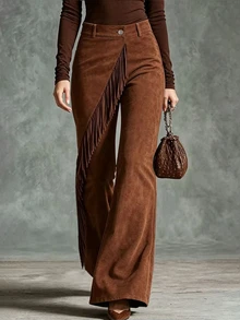 LUMIGAL Women's Vintage Rusty Brown Suede Flared Tassel Slim Fit Long Pants - Rust Brown - View 4