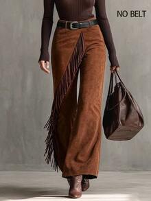 LUMIGAL Women's Vintage Rusty Brown Suede Flared Tassel Slim Fit Long Pants - Rust Brown - View 1