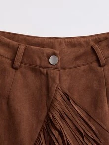 LUMIGAL Women's Vintage Rusty Brown Suede Flared Tassel Slim Fit Long Pants - Rust Brown - View 7