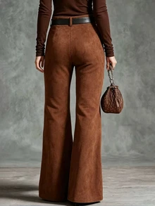 LUMIGAL Women's Vintage Rusty Brown Suede Flared Tassel Slim Fit Long Pants - Rust Brown - View 2