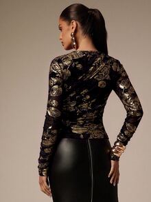 Silquee Fall/Winter Women's Black Stylish Long-Sleeve Slim-Fit Ruched Top With Gold Foil Print Elegant Style, Casual Occasions, Formal Occasions - Black - View 3