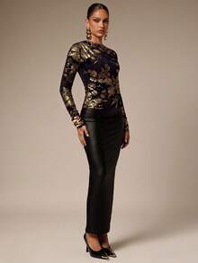 Silquee Fall/Winter Women's Black Stylish Long-Sleeve Slim-Fit Ruched Top With Gold Foil Print Elegant Style, Casual Occasions, Formal Occasions - Black - View 7
