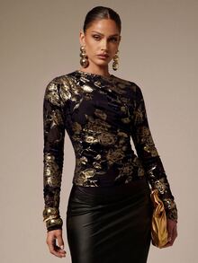 Silquee Fall/Winter Women's Black Stylish Long-Sleeve Slim-Fit Ruched Top With Gold Foil Print Elegant Style, Casual Occasions, Formal Occasions - Black - View 2