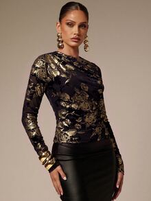 Silquee Fall/Winter Women's Black Stylish Long-Sleeve Slim-Fit Ruched Top With Gold Foil Print Elegant Style, Casual Occasions, Formal Occasions - Black - View 5