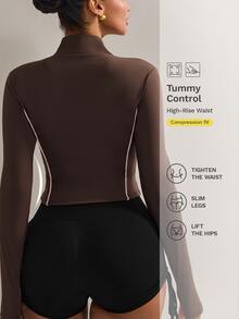 Nuvra High Elasticity Yoga Long Sleeve Jacket, Stand Collar Fitted Sports Jacket - Brown - View 5