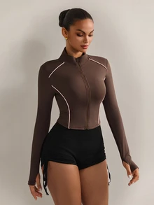 Nuvra High Elasticity Yoga Long Sleeve Jacket, Stand Collar Fitted Sports Jacket - Brown - View 11