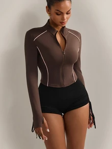 Nuvra High Elasticity Yoga Long Sleeve Jacket, Stand Collar Fitted Sports Jacket - Brown - View 8