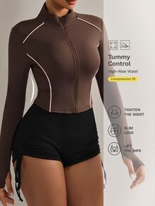 Nuvra High Elasticity Yoga Long Sleeve Jacket, Stand Collar Fitted Sports Jacket - Brown - View 4