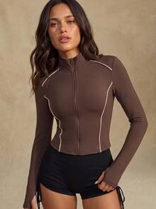 Nuvra High Elasticity Yoga Long Sleeve Jacket, Stand Collar Fitted Sports Jacket - Brown - View 1