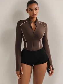 Nuvra High Elasticity Yoga Long Sleeve Jacket, Stand Collar Fitted Sports Jacket - Brown - View 12