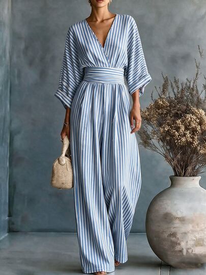 Linhara CURVE Plus Size Casual Traditional 9/10 Sleeve Shirred Back Waist Shirred Cinched Waist Wide Leg Blue And White Striped Jumpsuit Brunch Formal Autumn Fall