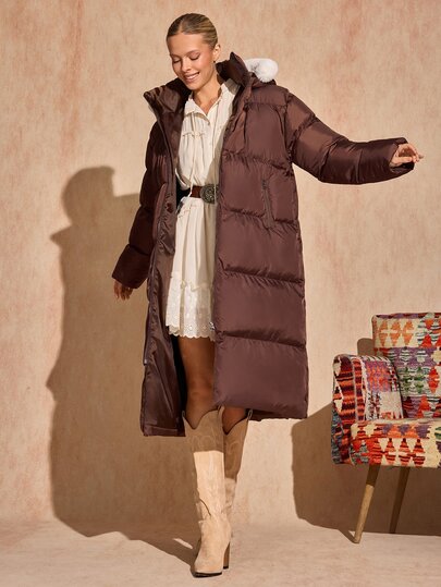 Bóhologie Women's Chocolate Brown Water-Resistant Oversized Quilted Padded Coat With Faux Fur Trim Hood