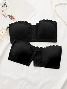 SHEIN Sujetador con cierre delantero, borde con volantes y acolchado ligero con efecto push-up para mujeres - Negro - Ver 6
