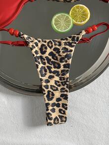 SHEIN Swim 女款春夏豹紋隨機圖案細肩帶串珠比基尼套裝 - 彩色 - 查看 5