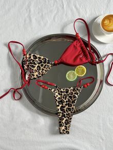 SHEIN Swim 女款春夏豹紋隨機圖案細肩帶串珠比基尼套裝 - 彩色 - 查看 3