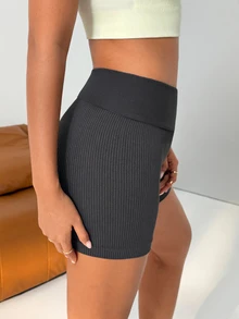 Glamine Women's Seamless High-Waist Ribbed Athletic Cycling Shorts; Vertical Stripe Knit Yoga 3/4 Shorts; Tight Elastic Shorts - Grey - View 7