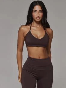 Musera Sport Scoop Front Strappy Adjustable Padded Halterneck Active Coord Sports Bra Only Sport Essentials Basics Gym Workout Autumn Fall Winter - Chocolate Brown - View 2