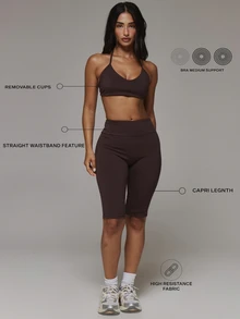 Musera Sport Scoop Front Strappy Adjustable Padded Halterneck Active Coord Sports Bra Only Sport Essentials Basics Gym Workout Autumn Fall Winter - Chocolate Brown - View 1