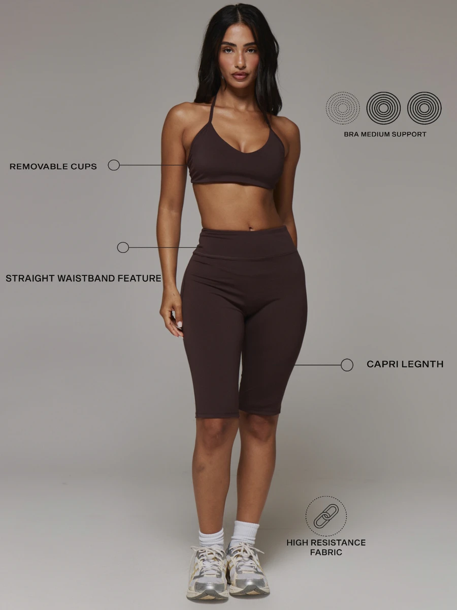 Musera Sport Scoop Front Strappy Adjustable Padded Halterneck Active Coord Sports Bra Only Sport Essentials Basics Gym Workout Autumn Fall Winter - Chocolate Brown - View 1