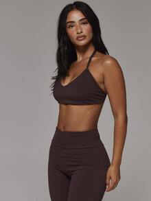 Musera Sport Scoop Front Strappy Adjustable Padded Halterneck Active Coord Sports Bra Only Sport Essentials Basics Gym Workout Autumn Fall Winter - Chocolate Brown - View 4