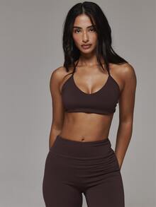Musera Sport Scoop Front Strappy Adjustable Padded Halterneck Active Coord Sports Bra Only Sport Essentials Basics Gym Workout Autumn Fall Winter - Chocolate Brown - View 3