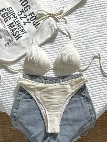 Swim Mod Women's Spring/Summer Jacquard Fabric Halter Neck Push-Up High-Cut Bikini Set - Apricot - View 1