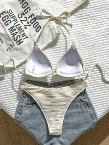 Swim Mod Women's Spring/Summer Jacquard Fabric Halter Neck Push-Up High-Cut Bikini Set - Apricot - View 2
