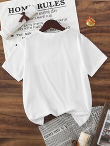 SHEIN قميص قصير أبيض أساسي مع طباعة نمط زخرفي وردي لامع على شكل فيونكة، تصميم شخصي عصري منعش للفتيات في فصلي الربيع والصيف، ملابس يومية مريحة للفتيات - أبيض - مشاهدة 2