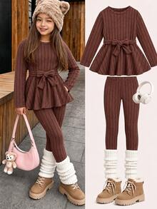 Elladie kids Tween Girls Elegant Rib-Knit Set Solid Color Long Sleeve Peplum Top With Bow Belt And Leggings Casual Fall Outfits 2Pcs - Brown - View 1