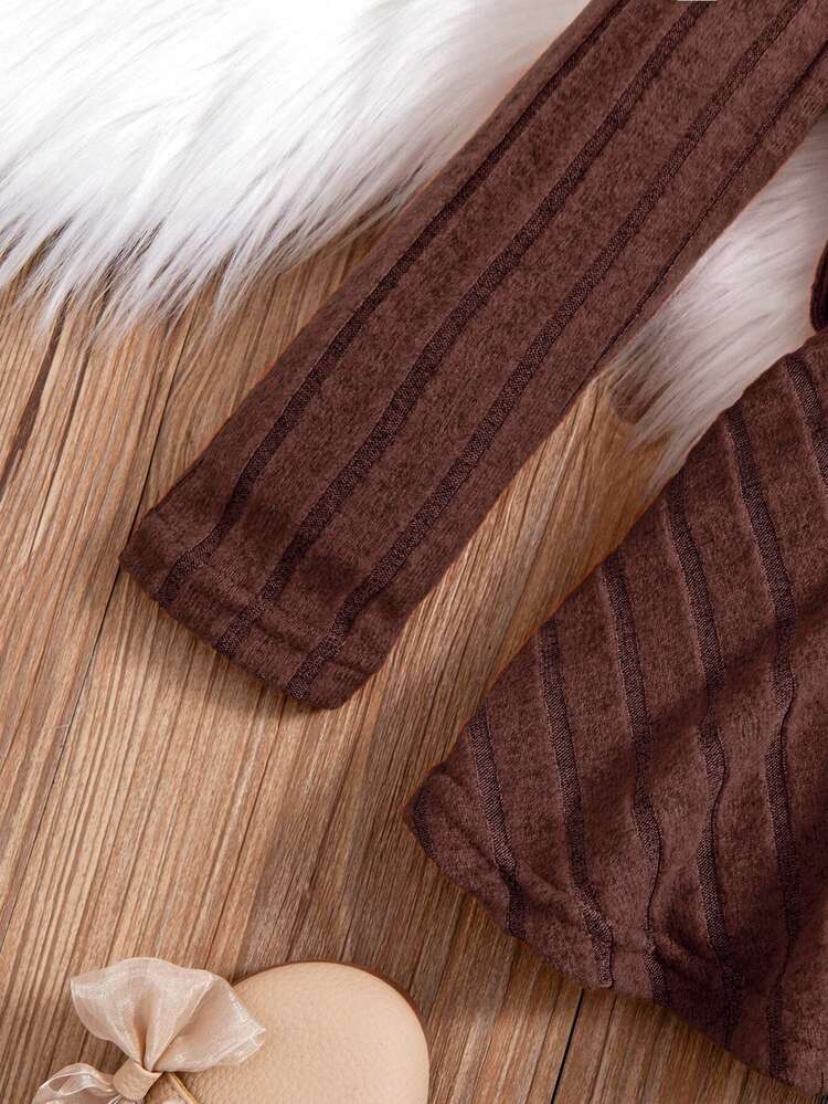 Elladie kids Set Pakaian Anak Perempuan Remaja Elegan Berbahan Rajut Rib, Atasan Peplum Lengan Panjang Warna Polos dengan Ikat Pinggang Pita dan Legging, Pakaian Kasual Musim Gugur 2 Potong - Coklat - View 4