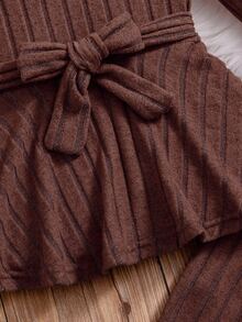 Elladie kids Tween Girls Elegant Rib-Knit Set Solid Color Long Sleeve Peplum Top With Bow Belt And Leggings Casual Fall Outfits 2Pcs - Brown - View 5