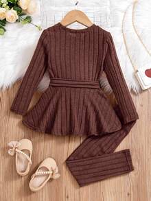 Elladie kids Tween Girls Elegant Rib-Knit Set Solid Color Long Sleeve Peplum Top With Bow Belt And Leggings Casual Fall Outfits 2Pcs - Brown - View 2