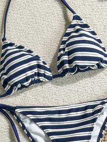 SHEIN Swim 女士夏季沙滩条纹吊带系带性感比基尼泳装套装 - 彩色 - 查看 5